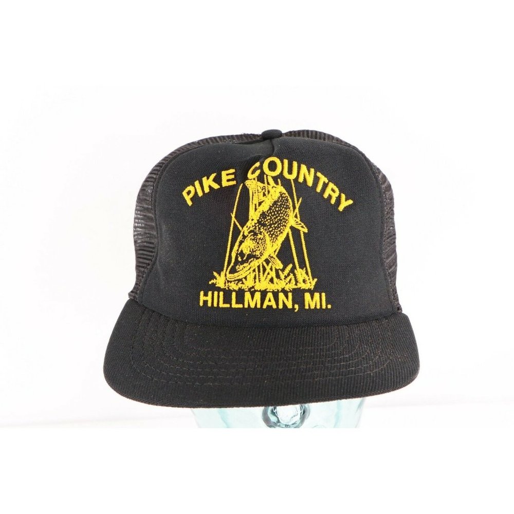 Vintage 80s Streetwear Pike Country Hillman Michigan Fishing Trucker Hat Black